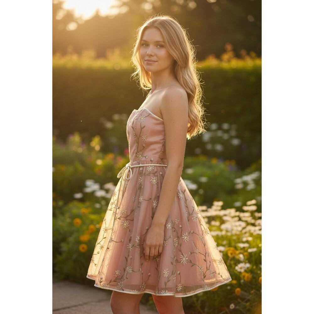 RARE Betsey Johnson Vintage Strapless Dress Sz 2 Pink Silk Coquette Garden Party
